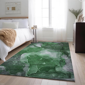 HomeRoots 9' X 12' Abstract Emerald Ivory Gray Washable Area Rug – UV Protected for High-Traffic Homes 647367