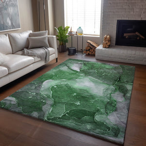 HomeRoots 9' X 12' Abstract Emerald Ivory Gray Washable Area Rug – UV Protected for High-Traffic Homes 647367