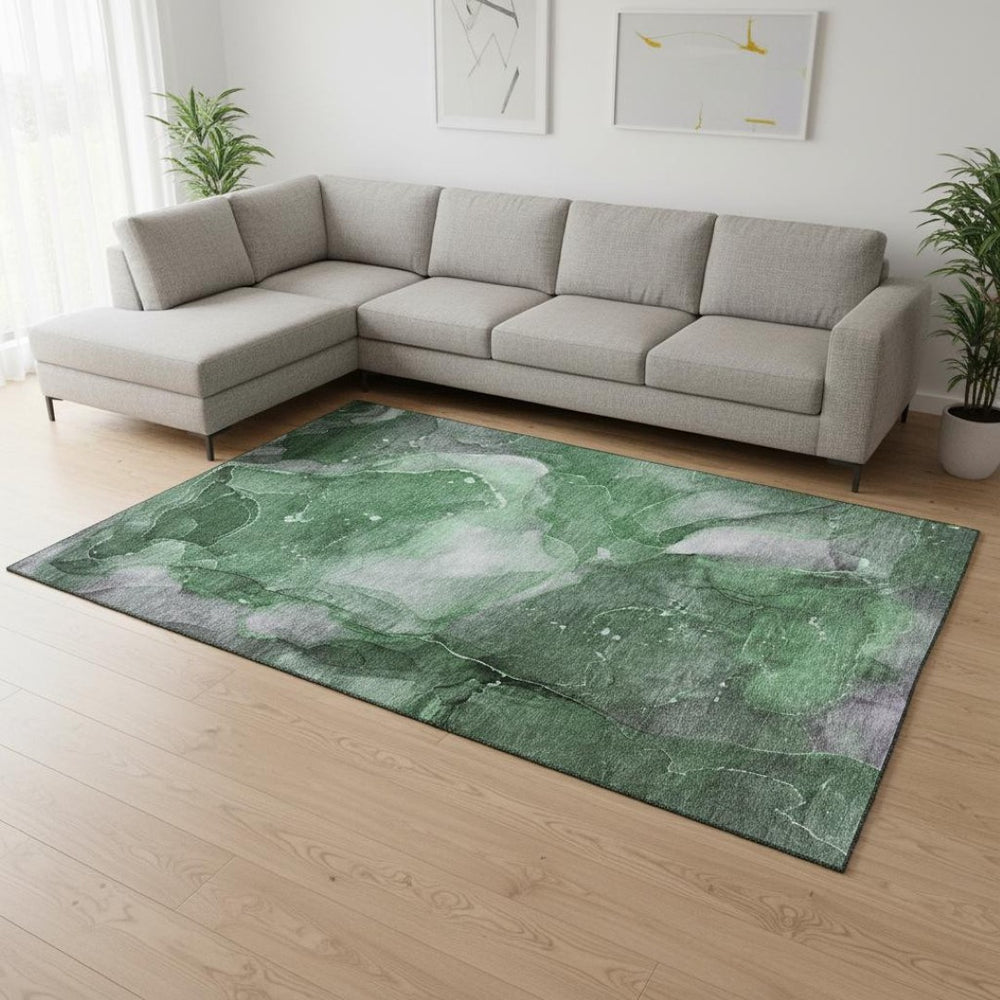 HomeRoots 10' X 14' Washable Emerald Ivory Gray Abstract Area Rug – Durable, UV-Protected & Family-Friendly! 647368