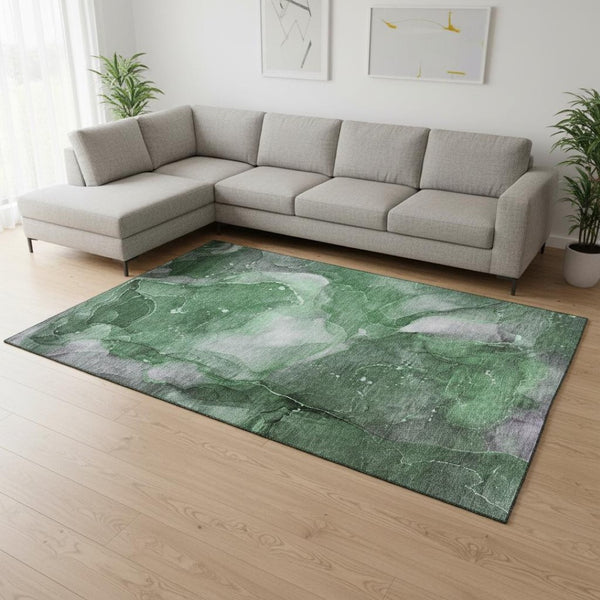HomeRoots 10' X 14' Washable Emerald Ivory Gray Abstract Area Rug – Durable, UV-Protected & Family-Friendly! 647368