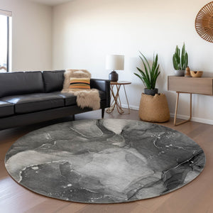 HomeRoots 8' Gray And Ivory Abstract Round Rug – Washable, UV Protected, Durable, Perfect for Modern Spaces! 647371