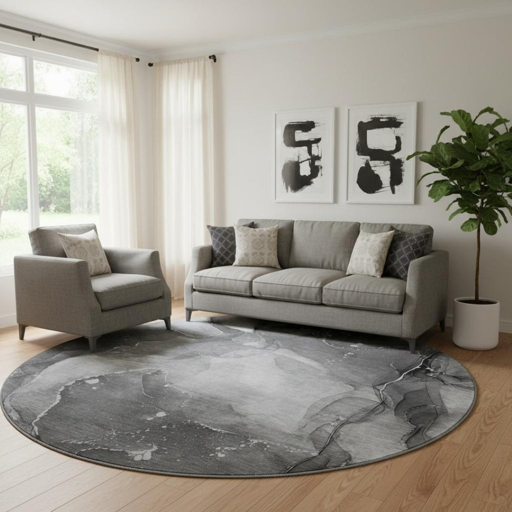 HomeRoots 8' Gray And Ivory Abstract Round Rug – Washable, UV Protected, Durable, Perfect for Modern Spaces! 647371