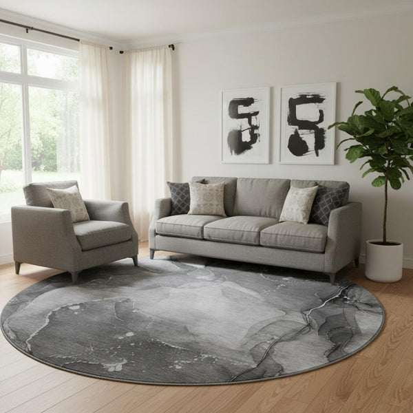 HomeRoots 8' Gray And Ivory Abstract Round Rug – Washable, UV Protected, Durable, Perfect for Modern Spaces! 647371