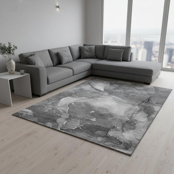 HomeRoots 9' X 12' Gray and Ivory Abstract Area Rug - Washable, Stain-Resistant, UV Protected for Busy Homes 647373