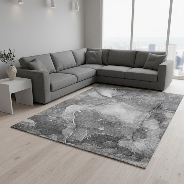 HomeRoots 10' X 14' Gray And Ivory Abstract Area Rug - Washable, UV Protected, Stylish & Stain Resistant Design 647374