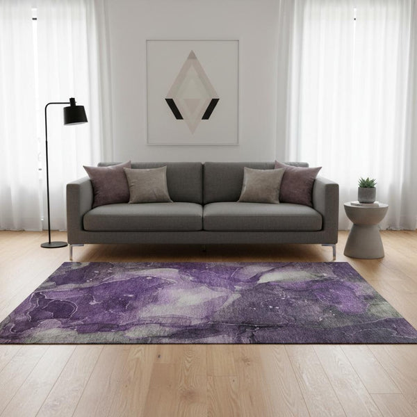 HomeRoots 5' X 8' Modern Purple Ivory Gray Abstract Washable Area Rug - Stain Resistant & UV Protected Design 647376