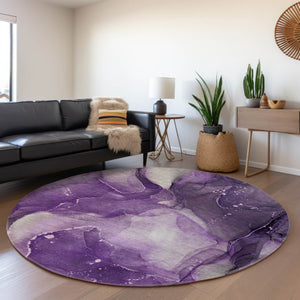 HomeRoots 8' Stylish Purple Ivory and Gray Abstract Washable Round Rug - UV Protected for High-Traffic Areas 647377