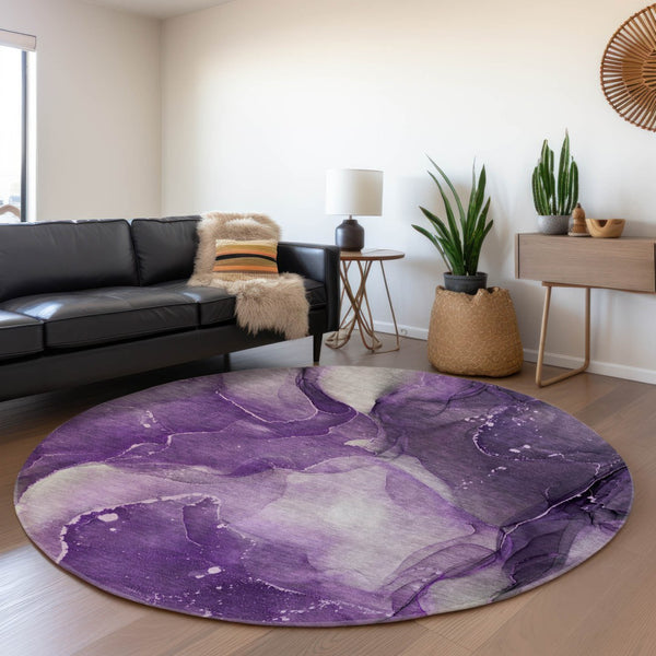 HomeRoots 8' Stylish Purple Ivory and Gray Abstract Washable Round Rug - UV Protected for High-Traffic Areas 647377
