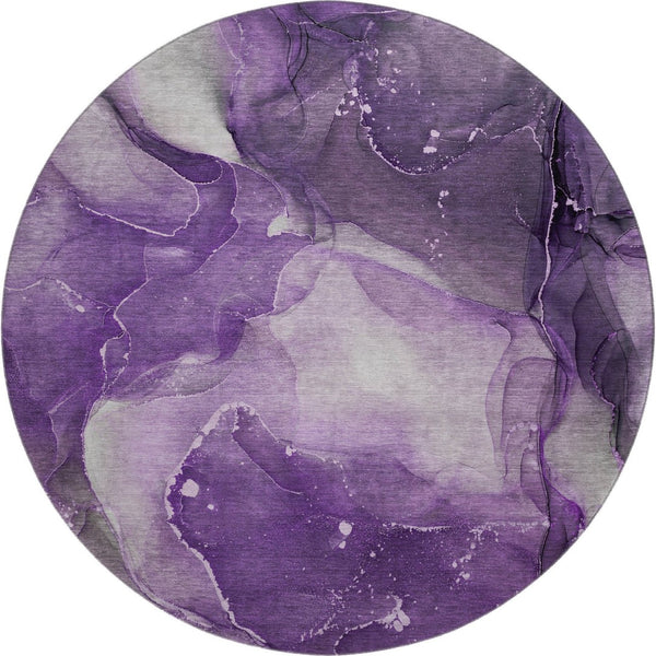 HomeRoots 8' Stylish Purple Ivory and Gray Abstract Washable Round Rug - UV Protected for High-Traffic Areas 647377