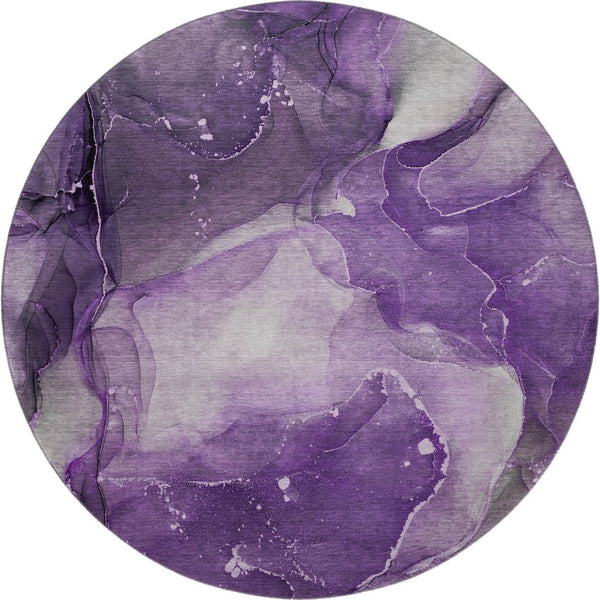 HomeRoots 8' Stylish Purple Ivory and Gray Abstract Washable Round Rug - UV Protected for High-Traffic Areas 647377