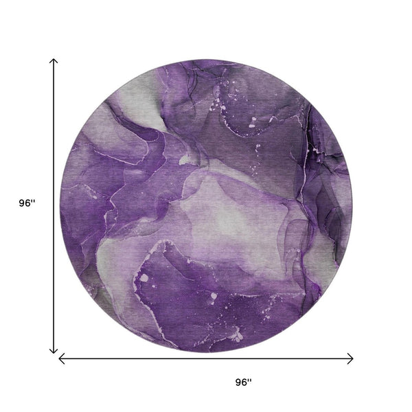 HomeRoots 8' Stylish Purple Ivory and Gray Abstract Washable Round Rug - UV Protected for High-Traffic Areas 647377