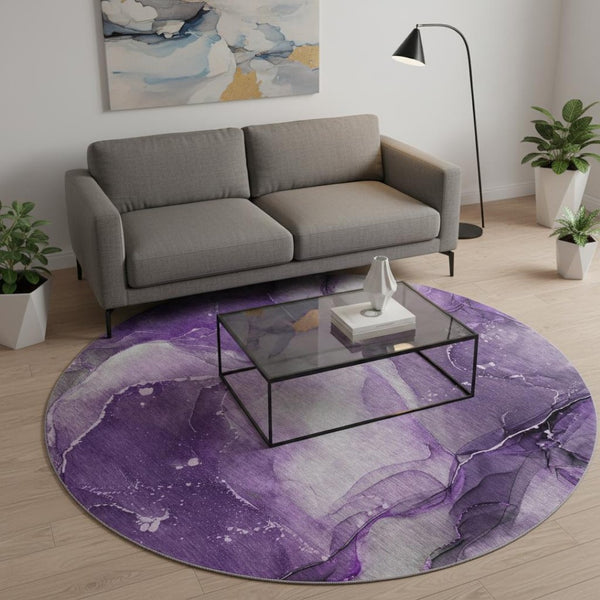 HomeRoots 8' Stylish Purple Ivory and Gray Abstract Washable Round Rug - UV Protected for High-Traffic Areas 647377