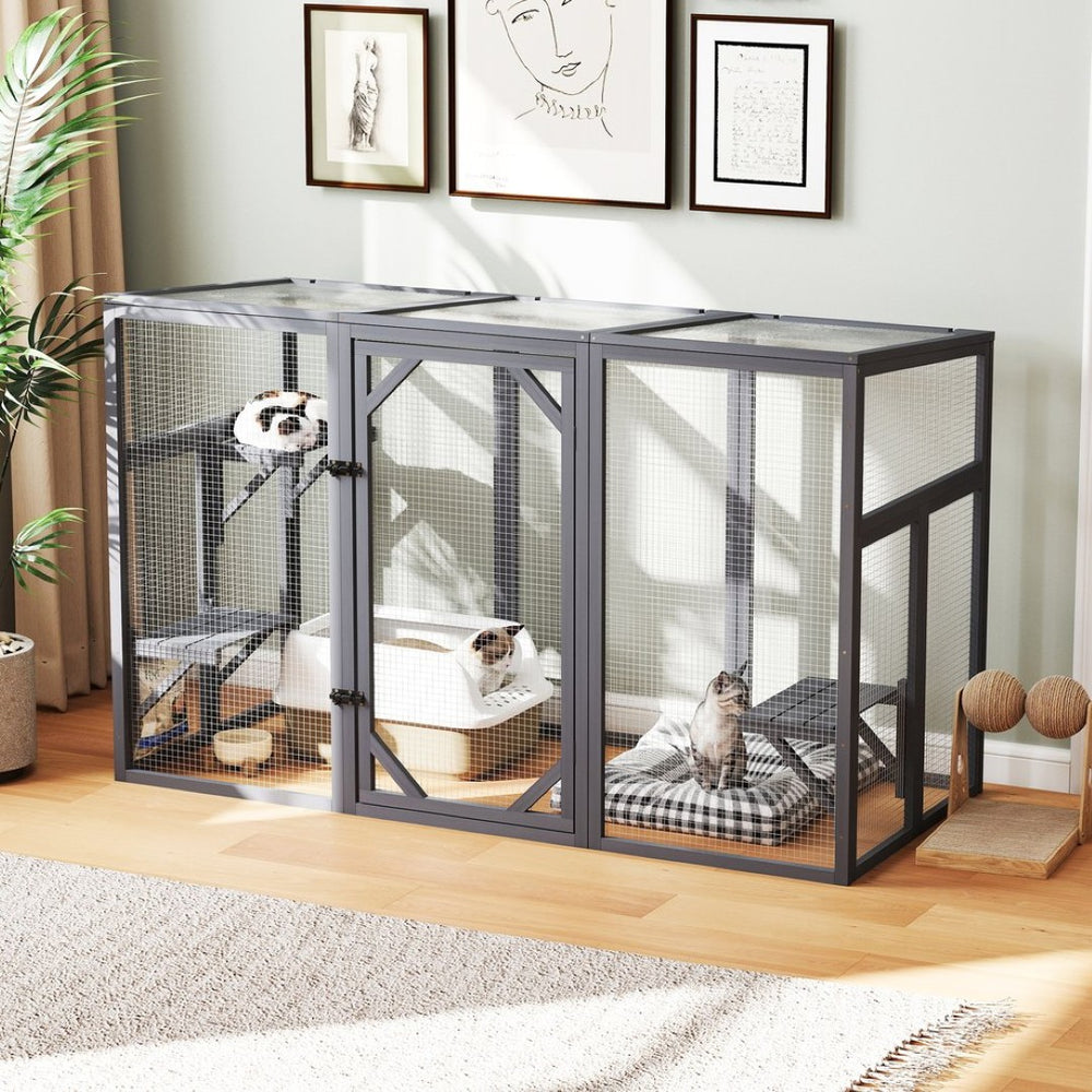 English Elm Outdoor Cedar Cat Enclosure with Polycarbonate Roof Three Platforms and Galvanized Mesh Run W2181P356206