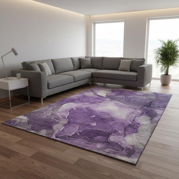 HomeRoots 8' X 10' Washable Purple Ivory Gray Abstract Area Rug with UV Protection for High-Traffic Spaces 647378