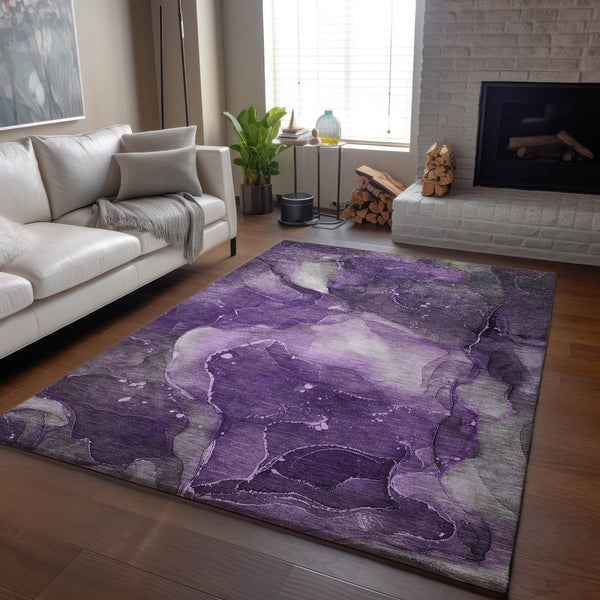HomeRoots 8' X 10' Washable Purple Ivory Gray Abstract Area Rug with UV Protection for High-Traffic Spaces 647378
