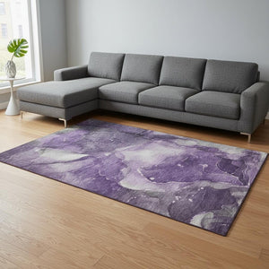 HomeRoots 9' X 12' Abstract Area Rug in Purple, Ivory & Gray - Washable, UV-Protected, Modern Design for Homes 647379