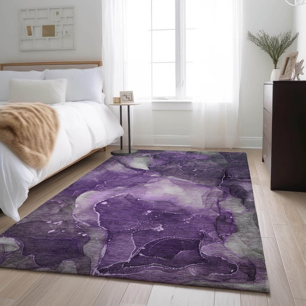 HomeRoots 9' X 12' Abstract Area Rug in Purple, Ivory & Gray - Washable, UV-Protected, Modern Design for Homes 647379