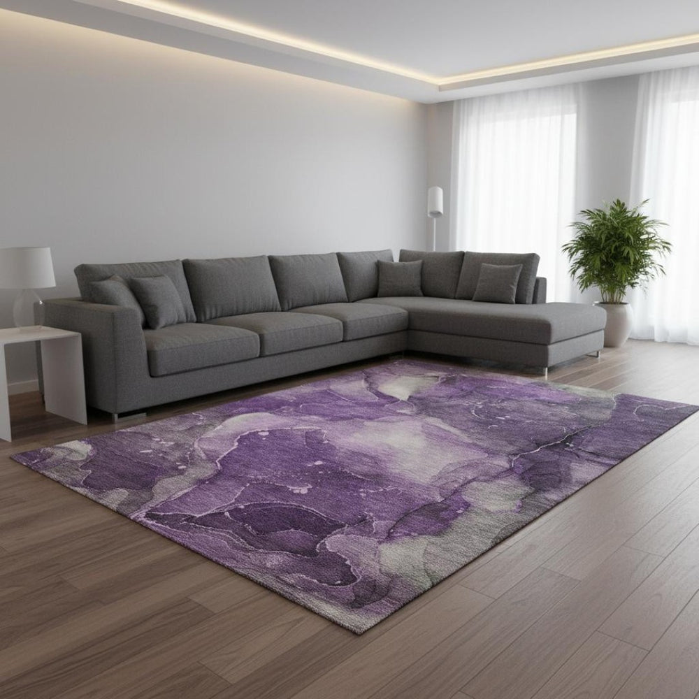 HomeRoots 10' X 14' Purple Ivory Gray Abstract Washable Area Rug - UV Protected, Stain Resistant & Durable Design 647380
