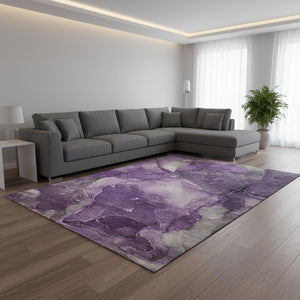 HomeRoots 10' X 14' Purple Ivory Gray Abstract Washable Area Rug - UV Protected, Stain Resistant & Durable Design 647380