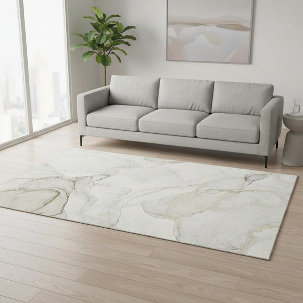 HomeRoots 5' X 8' Beige and Ivory Abstract Area Rug - Washable, UV-Protected, Stylish & Durable for Homes 647388