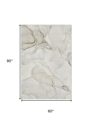 HomeRoots 5' X 8' Beige and Ivory Abstract Area Rug - Washable, UV-Protected, Stylish & Durable for Homes 647388