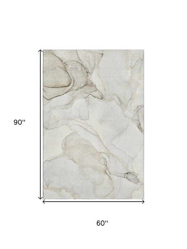 HomeRoots 5' X 8' Beige and Ivory Abstract Area Rug - Washable, UV-Protected, Stylish & Durable for Homes 647388