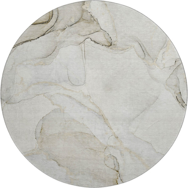 HomeRoots 8' Beige And Ivory Abstract Round Rug - Washable, UV Protected, Stain Resistant for High-Traffic Areas 647389