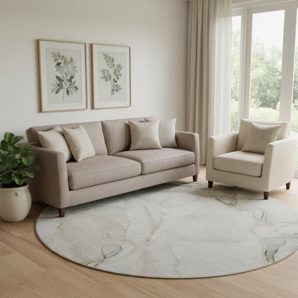 HomeRoots 8' Beige And Ivory Abstract Round Rug - Washable, UV Protected, Stain Resistant for High-Traffic Areas 647389