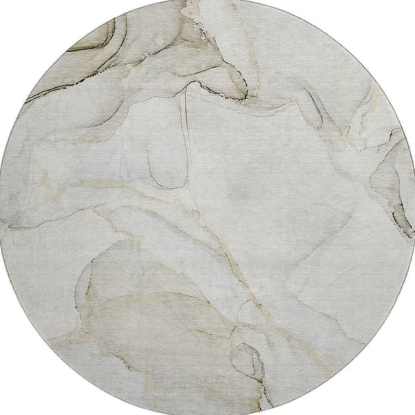 HomeRoots 8' Beige And Ivory Abstract Round Rug - Washable, UV Protected, Stain Resistant for High-Traffic Areas 647389