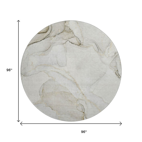 HomeRoots 8' Beige And Ivory Abstract Round Rug - Washable, UV Protected, Stain Resistant for High-Traffic Areas 647389