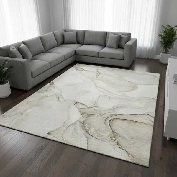 HomeRoots 8' X 10' Beige and Ivory Abstract Area Rug - Washable, Stain Resistant, UV Protected for High Traffic Areas 647390