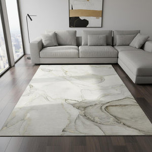 HomeRoots 9' X 12' Washable Beige & Ivory Abstract Area Rug with UV Protection - Perfect for Modern Homes! 647391