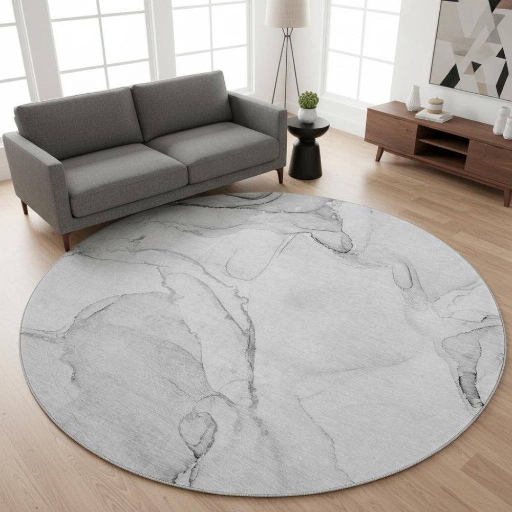 HomeRoots 8' Silver and Gray Abstract Round Rug - Washable, UV-Protected, Stain-Resistant for High-Traffic Areas 647395