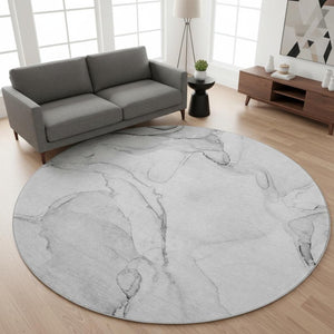 HomeRoots 8' Silver and Gray Abstract Round Rug - Washable, UV-Protected, Stain-Resistant for High-Traffic Areas 647395