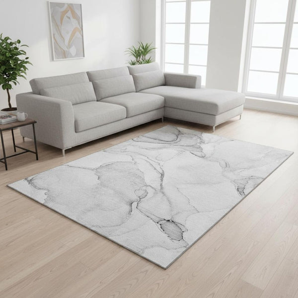 HomeRoots 9' X 12' Silver and Gray Abstract Area Rug - Washable, UV Protected, Durable, Modern Style for Homes 647397
