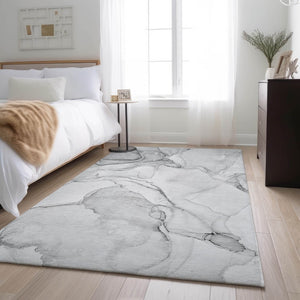 HomeRoots 9' X 12' Silver and Gray Abstract Area Rug - Washable, UV Protected, Durable, Modern Style for Homes 647397