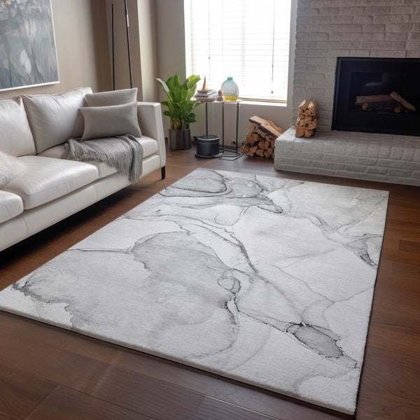HomeRoots 9' X 12' Silver and Gray Abstract Area Rug - Washable, UV Protected, Durable, Modern Style for Homes 647397