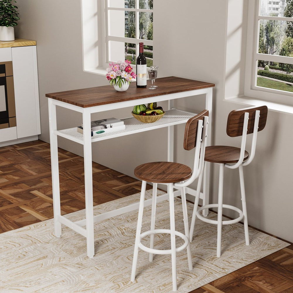 English Elm 3 Piece Bar Table Set with Storage Rack, Counter Height Wood Top & White Metal Frame, 2 Stools Ideal for Kitchen, Dining, Bar (39.4x15.7x36.2 in) W578P304321
