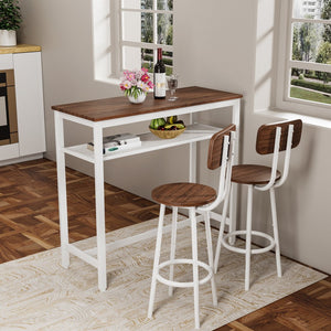 English Elm 3 Piece Bar Table Set with Storage Rack, Counter Height Wood Top & White Metal Frame, 2 Stools Ideal for Kitchen, Dining, Bar (39.4x15.7x36.2 in) W578P304321