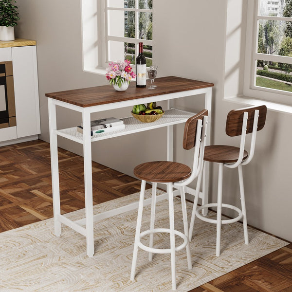 English Elm 3 Piece Bar Table Set with Storage Rack, Counter Height Wood Top & White Metal Frame, 2 Stools Ideal for Kitchen, Dining, Bar (39.4x15.7x36.2 in) W578P304321