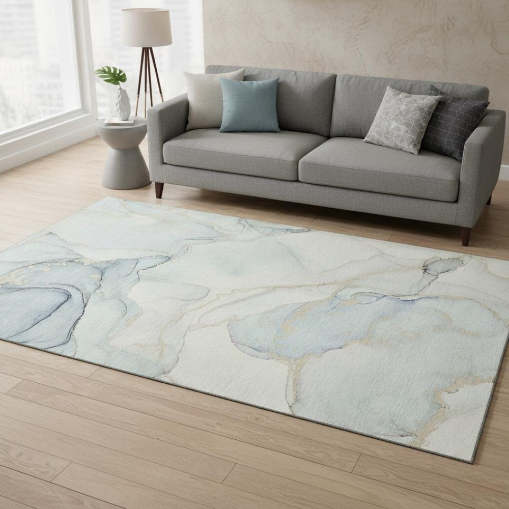 HomeRoots 5' X 8' Sky Blue & Ivory Abstract Washable Area Rug - Stain Resistant, UV Protected & Stylish Design 647400