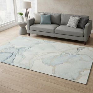 HomeRoots 5' X 8' Sky Blue & Ivory Abstract Washable Area Rug - Stain Resistant, UV Protected & Stylish Design 647400