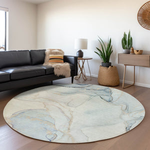 HomeRoots 8' Sky Blue Abstract Round Rug – Washable, UV Protected, Soft & Durable for High-Traffic Spaces 647401