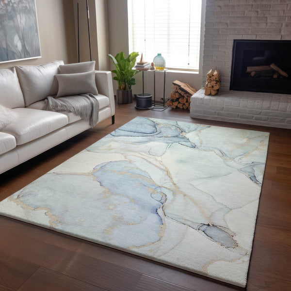 HomeRoots 8' X 10' Sky Blue & Ivory Abstract Washable Rug - UV Protection, Stain Resistant, Perfect for Any Room 647402