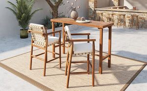 English Elm 3 Piece Acacia Wood Outdoor Bar Set with Cushioned Stools for Patio or Poolside N704G201253A