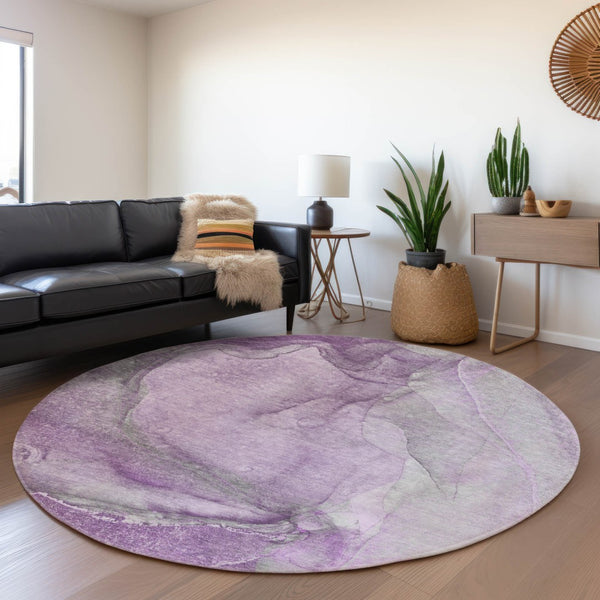 HomeRoots 8' Lilac & Ivory Abstract Washable Round Rug - Durable, UV Protected, Perfect for High-Traffic Spaces! 647407