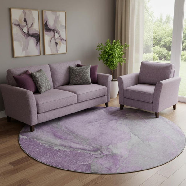 HomeRoots 8' Lilac & Ivory Abstract Washable Round Rug - Durable, UV Protected, Perfect for High-Traffic Spaces! 647407