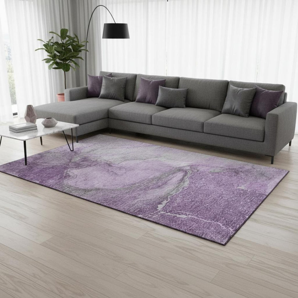 HomeRoots 9' X 12' Lilac and Ivory Abstract Washable Area Rug - Soft, Stylish, UV Protected for Modern Spaces 647409