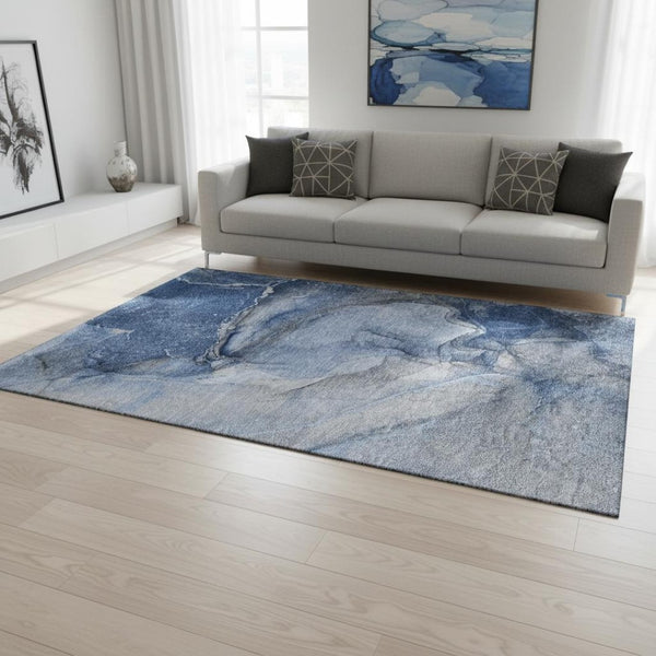 HomeRoots 5' X 8' Navy Blue & Ivory Abstract Area Rug - Washable, UV Protected, Stain Resistant & Stylish for Homes 647412