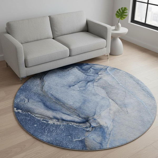 HomeRoots 8' Navy Blue and Ivory Abstract Round Rug - Washable, UV Protected, Durable Design for High-Traffic Areas 647413